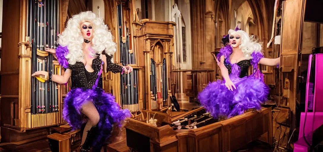 Prompt: drag queen performs as a church organist, photography, ultra high definition,