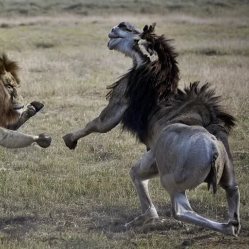 Prompt: a donkey dueling a lion