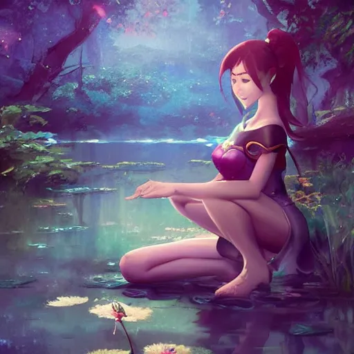 Image similar to fantasy woman girl kneeling in a pond miss attractive eye catching official fanart behance hd artstation by Rossdraws and Jesper Ejsing, by Makoto Shinkai and Lois van baarle, ilya kuvshinov, mystic, dreaming