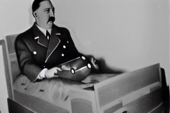 Image similar to hitler in bed playing the wii