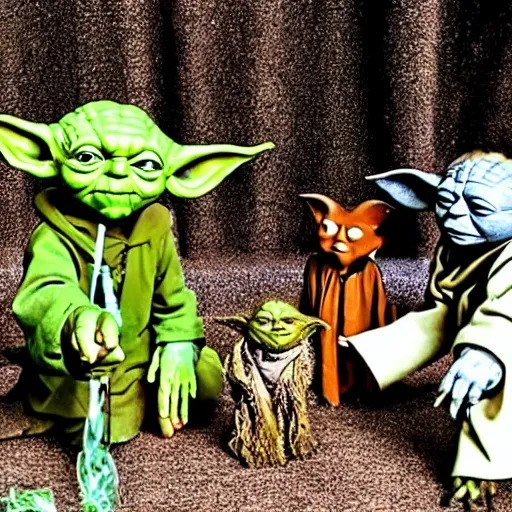 Prompt: photo of yoda posing with friends sharing a joint