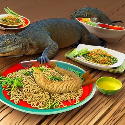 Image similar to a group of komodo dragons having a feast consisting of only indomie instant noodles on a fancy dining table, cartoon style