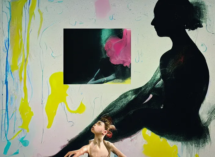 Image similar to portrait of nervous young girl ballerina sitting on the floor focusing in a dance hall by hernan bas and francis bacon and alberto seveso and pat steir and hilma af klint, psychological, photorealistic, symmetrical face, dripping paint, washy brush, matte painting, rendered in octane, altermodern, masterpiece