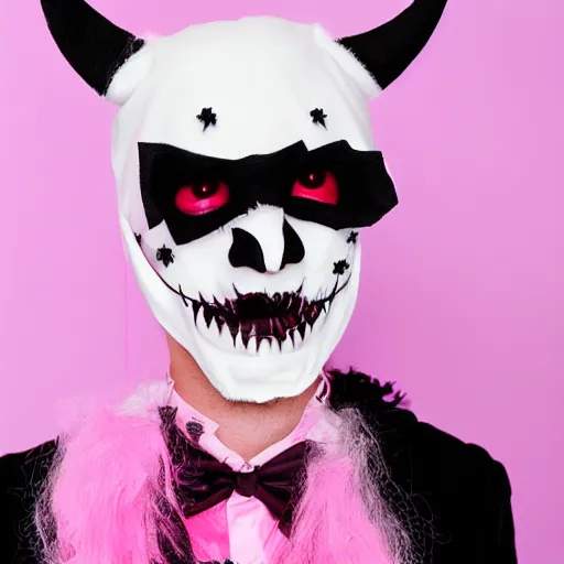 Image similar to bad bunny dressing up as a demon for halloween, artistic, pink pastel, realistic, close up, varying angles