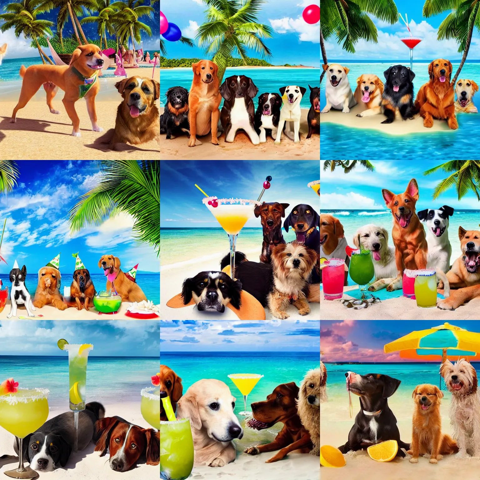 Prompt: hyper realistic photo of dogs having a party on a tropical island beach with margarita cocktails