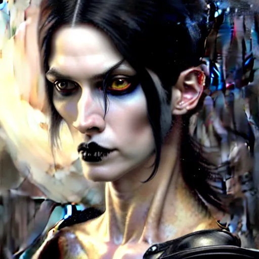 Image similar to portrait painting of an androgynous witch with shoulder length black hair pale skin and beautiful eyes wearing a punk clothes, ultra realistic, concept art, intricate details, eerie, highly detailed, photorealistic, octane render, 8 k, unreal engine. art by artgerm and greg rutkowski and magali villeneuve and alphonse mucha