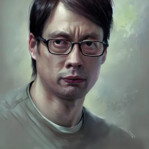 Image similar to hyper realistic, portrait of dwight shrute, ethnicity : japanese, painted by greg rutkowski, wlop, loish,