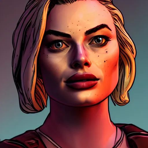 Image similar to margot robbie portrait, borderlands, tales from the borderlands, the wolf among us, comic, cinematic lighting, studio quality, 8 k