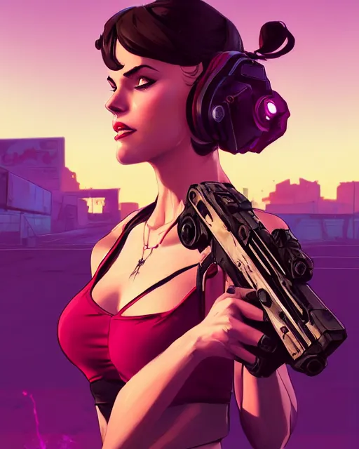 Prompt: portrait of femme fatale with pistol, gta v cover art, borderlands style, celshading, trending on artstation, by rhads, andreas rocha, rossdraws, makoto shinkai, laurie greasley, lois van baarle, ilya kuvshinov and greg rutkowski, 4 k