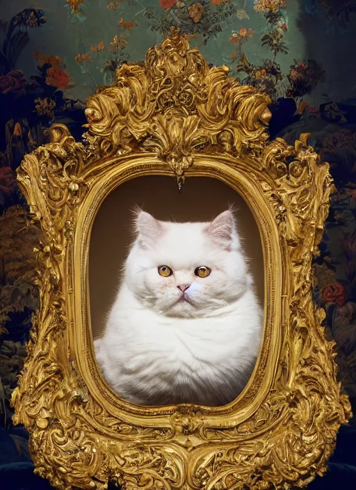 Image similar to a magnificent portrait of a fluffy fat cat on a precious embroidered velvet cushion on a neo - rococo gilded little bed with precious stones, ball of yarns all around, by david lachapelle, photorealistic, canon r 3, photography, wide shot, symmetrical features, symmetrical pose, wide angle shot, standing pose, feet on the ground