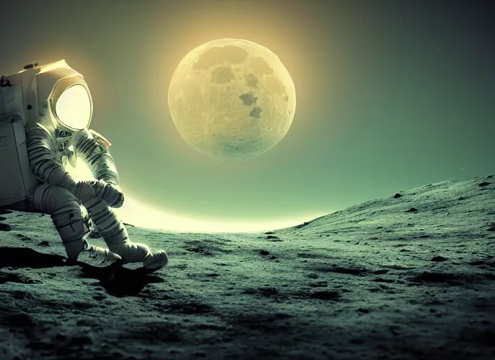 Prompt: digital art, trending on artstation, a man in an astronaut suit sitting on the moon while planet earth is exploding in the background, lunar landscape, moody