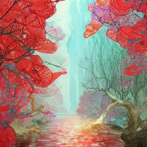 Image similar to a beautiful and inspiring intricate watercolor illustration inside a river, red robin trees forming a tunnel, 4 k, ultra - wide angle, by william turner, by victo ngai, by alphonse mucha, by miho hirano, hd, trending on artstation, hyper detailed, muted colors, inspiring, beautiful, paradisiac