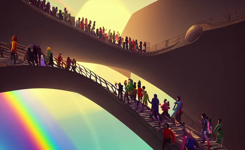 Image similar to incredible, refugees crossing a mindblowingly beautiful bridge made of rainbow, energy pulsing, hardlight, matte painting, artstation, solarpunk, cgsociety, dramatic lighting, concept art, octane render, arnold 3 d render