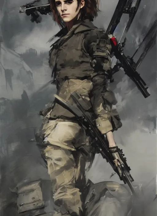 Image similar to emma watson wearing metal gear armor holding rifle dramatic lighting art by Yoji Shinkawa by Richard Schmid by greg rutkowski by Sandra Chevrier by Jeremy Lipking cinematic dramatic