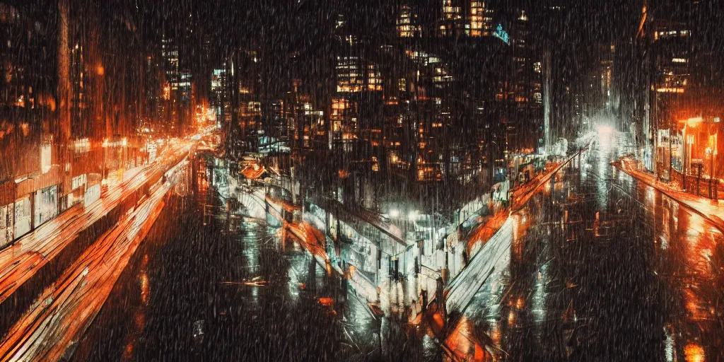 Image similar to a city street at night, raining, photograph, cyberpunk, sharp focus, intricate detail, Desolate, drone shot, high resolution,