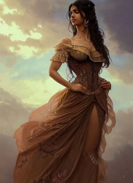 Image similar to cute brown woman wearing a transparent corset dress, fantasy, intricate, highly detailed, digital painting, artstation, concept art, wallpaper, smooth, sharp focus, illustration, art by artgerm and greg rutkowski and alphonse mucha