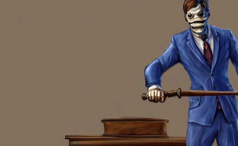 Prompt: cinematic view of a dead by daylight killer lawyer wearing a blue business suit with a gavel weapon, character portrait, digital art