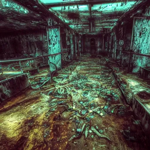 Prompt: abandoned rusty underwater theme park, surreal, horror, eerie, creepy, murky water, underwater, underwater photography, dark, submechanophobia, animatronics,