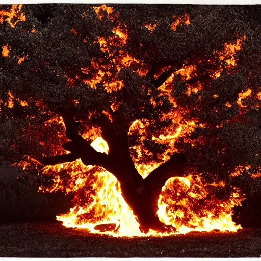 Prompt: oak tree engulfed in flames by Diane Arbus and Louis Daguerre. highly detailed. 85mm, Bokeh