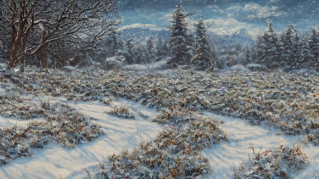 Image similar to a highly detailed, realistic oil painting of Hyrule Field in Winter, snow, intricate, 8k highly professionally detailed, HDR