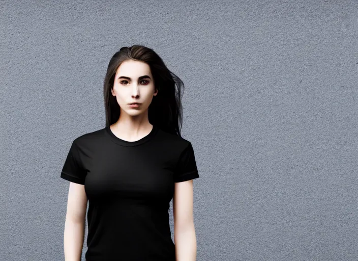 Prompt: clear photorealistic mockup product photograph of a blank black tshirt on an attractive female model in front of a lively street background