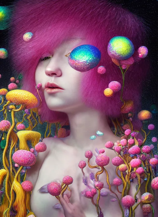 Prompt: hyper detailed 3d render like a Oil painting - kawaii portrait Aurora (white haired Singer Weasle) seen Eating of the Strangling network of yellowcake aerochrome and milky Fruit and Her delicate Hands hold of gossamer polyp blossoms bring iridescent fungal flowers whose spores black the foolish stars by Jacek Yerka, Mariusz Lewandowski, Houdini algorithmic generative render, Abstract brush strokes, Masterpiece, Edward Hopper and James Gilleard, Zdzislaw Beksinski, Mark Ryden, Wolfgang Lettl, hints of Yayoi Kasuma, octane render, 8k