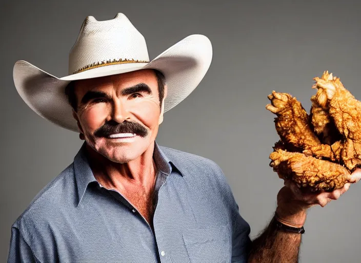 Image similar to studio portrait photo still of 3 0 year old burt reynolds!!!!!!!! at age 3 0 3 0 years old 3 0 years of age!!!!!!! wearing a cowboy hat holding a bucket of fried chicken, 8 k, 8 5 mm f 1. 8, studio lighting, rim light, right side key light
