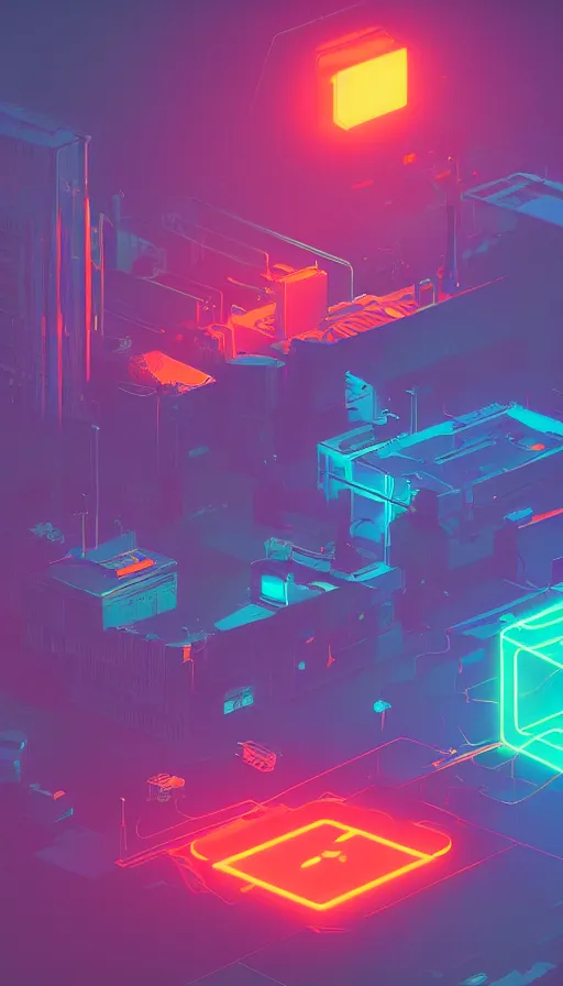 Image similar to a large box, neon lights, sharp focus, james gilleard, moebius, print, cinematic, surreal, game art