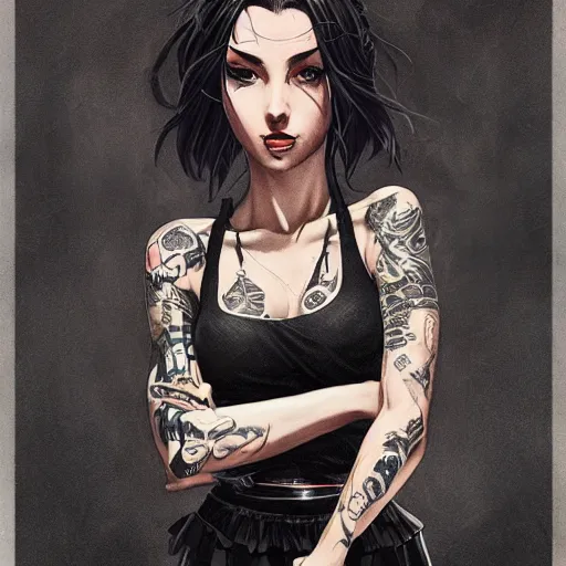 Image similar to enchanting bar maid, tattoos, black t - shirt, black skirt, detailed portrait, intricate complexity, by greg rutkowski, artgerm, ross tran, conrad roset, takato yomamoto, ilya kuvshinov. 4 k, beautiful, cinematic dramatic atmosphere