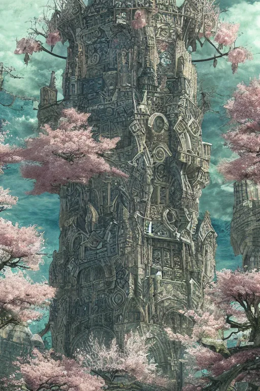 Image similar to hyperdetailed ancient wizard tower with sakura trees, cinematic highly detailed artstation hyperstylized illustrated by moebius and yoshitaka amano