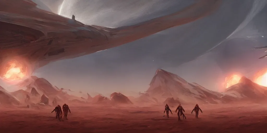 Prompt: The Atreides leave their homeworld Caladan for Arrakis, concept art inspired by Deak Ferrand, Ethereal, artstation, 8k