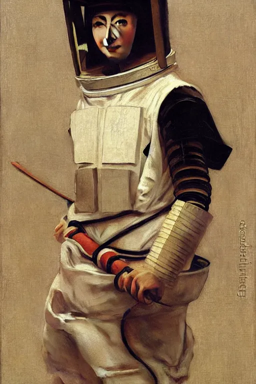 Image similar to portrait of a astronaut in samurai helmets, by bouguereau