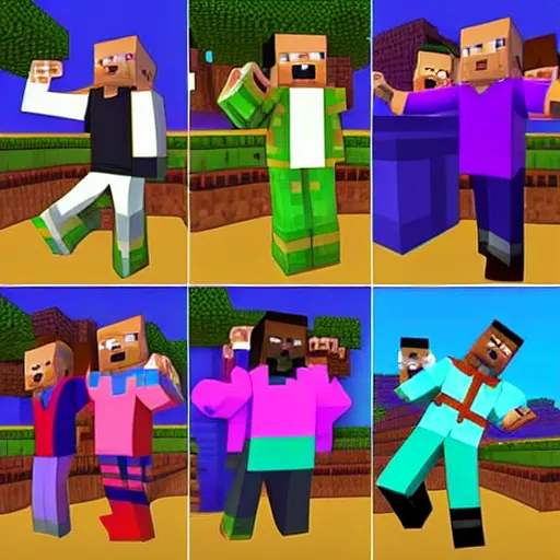 Prompt: people dancing in minecraft, digital art