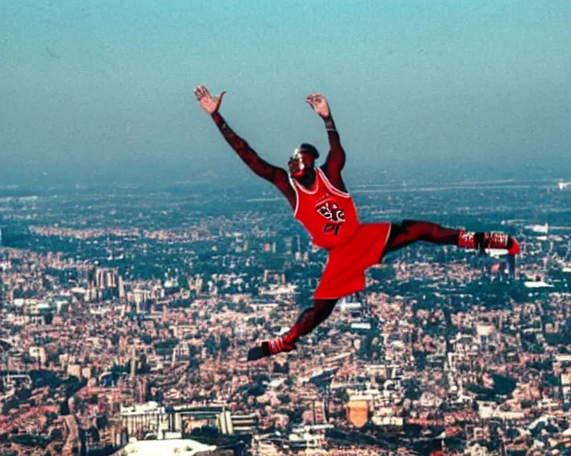 Image similar to dennis rodman t-posing in the air like jordan. he is flying over the city like a delicate little dove