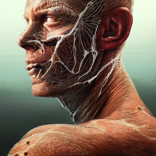 Image similar to portrait artwork of man tearing the skin from his face to reveal lizard skin. Artwork by Dan Mumford, realistic cinematic lighting, ultra detailed, hyper realism