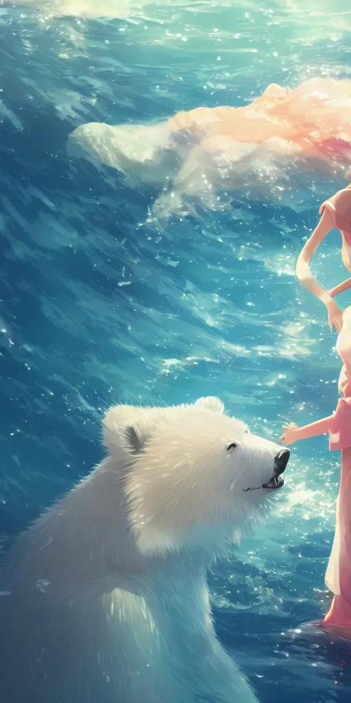 Prompt: A beautiful illustration of a polar bear, salmon, beautiful woman, wide angle, by makoto shinkai, Wu daozi, very detailed, deviantart, 4k vertical wallpaper, tropical, colorful, airy, anime illustration, anime nature wallpap