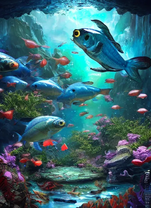 Image similar to people observing lots of beautiful fish in an underground aquarium corridor, in the style of artgerm, fantasy art, ray tracing, water droplets, highly detailed, artstation trend, highly detailed and intricate, sharp focus, photography, unreal engine 5