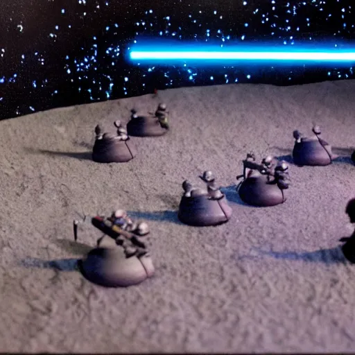 Prompt: a claymation model of a star wars battlefield