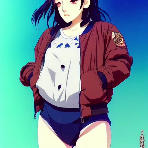 Image similar to a beautiful boyish kat dennings alluring gravure model, wearing oversized mayan bomber jacket and leotard with overalls, bulky poofy aztec native style bomber jacket with mayan patterns, gapmoe yandere grimdark, trending on pixiv fanbox, painted by greg rutkowski makoto shinkai takashi takeuchi studio ghibli, akihiko yoshida