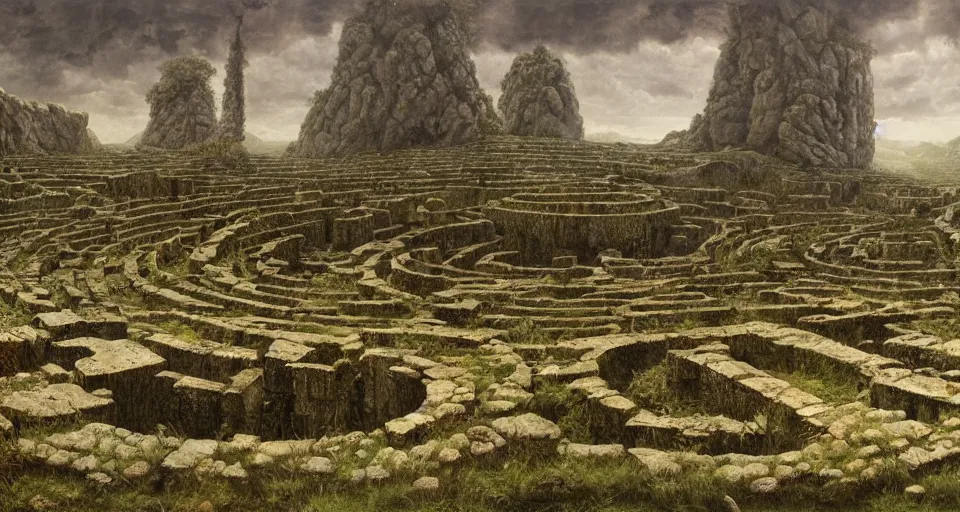 Image similar to ancient greek overgrown labyrinthwith an gigantic ancient altar in the center, by beksinski, rutkovski, bosch, retro fantasy movie, highly detailed, photorealistic, illustration, matte painting, 8 k