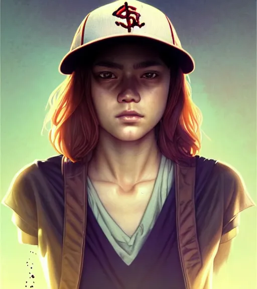 Prompt: symmetry ( clementine from the walking dead wearing her iconic baseball hat portrait ) ultra detailed, intricate, anime, dynamic lighting, digital art, digital painting, art station, wlop, sharp focus, illustration, art by artgerm and greg rutkowski and alphonse mucha