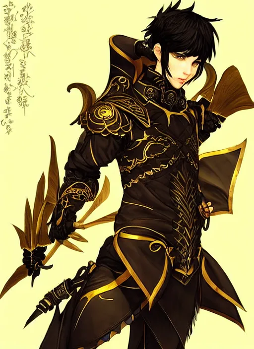 Prompt: Half body portrait of a handsome elven wind mage with short brown black hair wearing ornate dark yellow attire. In style of Yoji Shinkawa and Hyung-tae Kim, trending on ArtStation, dark fantasy, great composition, concept art, highly detailed, dynamic pose.