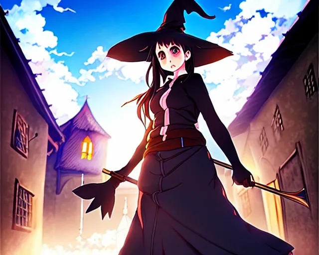 Image similar to key anime visual portrait of a young female witch walking through a busy medieval village, dynamic pose, dynamic perspective, cinematic, dramatic lighting, detailed silhouette, anime proportions, perfect anime face