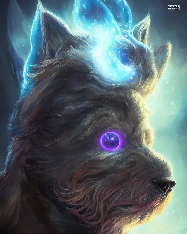 Prompt: beautiful cinematic fantasy poster, cartoon dog. beautiful glowing galaxy eyes, hybrid from The Elden Ring and art direction by Darius Zawadzki ;by artgerm; wayne reynolds art station; cinematic quality character render; low angle; ultra high quality model; production quality cinema model