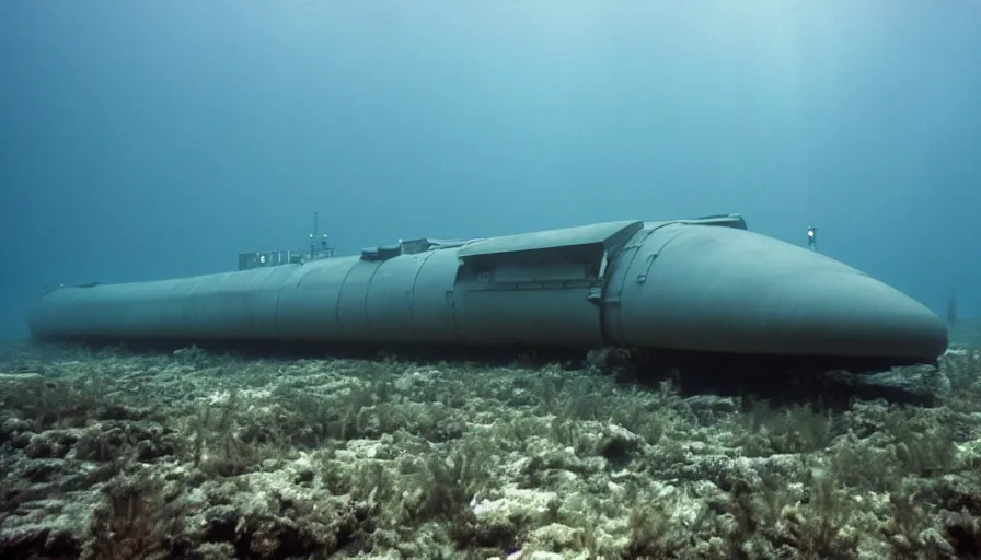 Image similar to Big budget horror movie, underwater exterior wide shot, a submarine approaches an underwater biolab