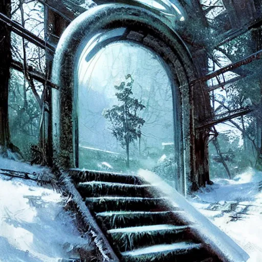 Image similar to stairs leading to a frozen derelict portal in a middle of a snowy lush futuristic forest, green lush world seen only through a portal, daylight, cinematic lighting, blue sky, syd mead, john harris