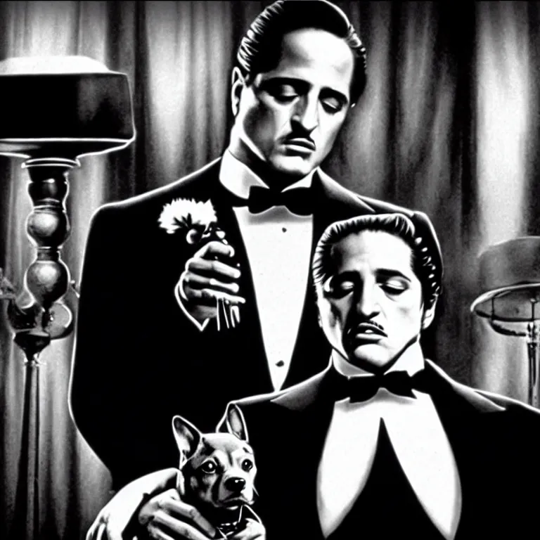 Image similar to cinematic scene screen cap from the godfather with an anthropomorphic dog in a suit