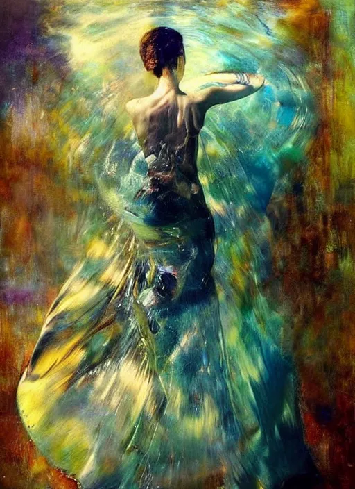 Image similar to girl in a long dress swimming underwater, caustics, surreal underwater photography, oil painting by Boldini