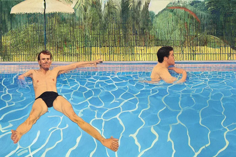 Image similar to emmanuel macron swimming in a pool in california house, by david hockney, peter doig, lucien freud, francis bacon, bouguereau,