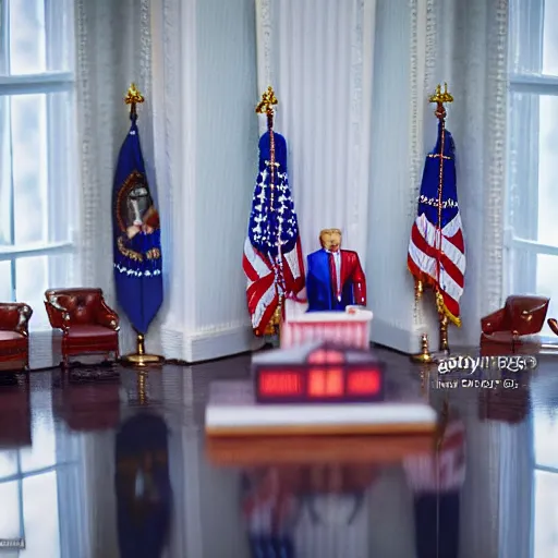 Image similar to dollhouse diorama of donald trump in the whitehouse, macro photography, canon, dslr